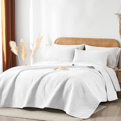 Davulos Queen Quilt Bedding Set,White Ultrasonic Full/Queen Quilt Set Reversible Microfiber Bedspread,Lightweight Soft Modern Geometric Coverlet Set for All Seasons(1 Quilt,2 Pillow Shams) - Image 2