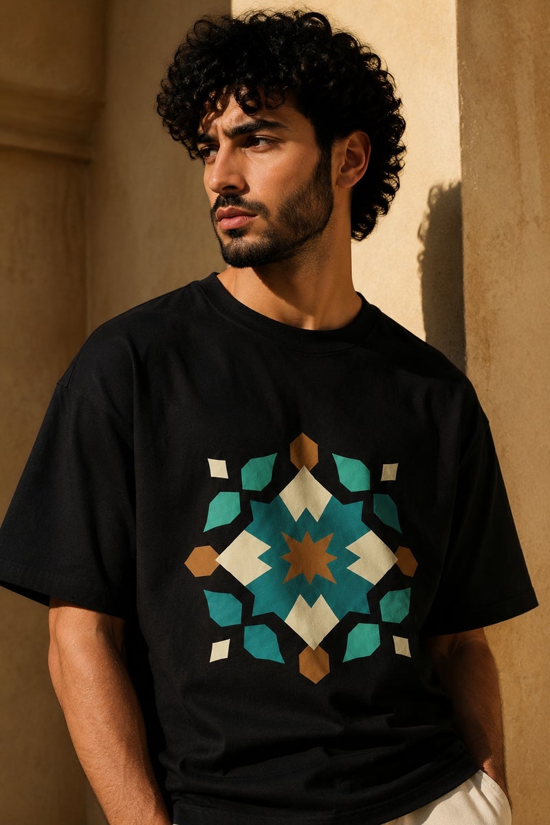 Men's Black Geometric Graphic T-Shirt Oversized Casual Short Sleeve Crew Neck Streetwear Tee - Image 1