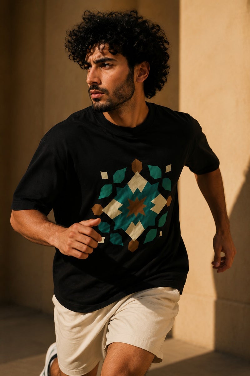 Men's Black Geometric Graphic T-Shirt Oversized Casual Short Sleeve Crew Neck Streetwear Tee - Image 3