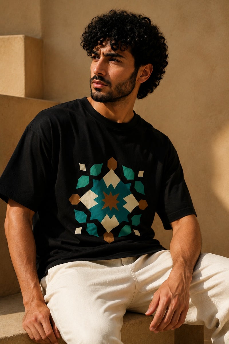 Men's Black Geometric Graphic T-Shirt Oversized Casual Short Sleeve Crew Neck Streetwear Tee - Image 4
