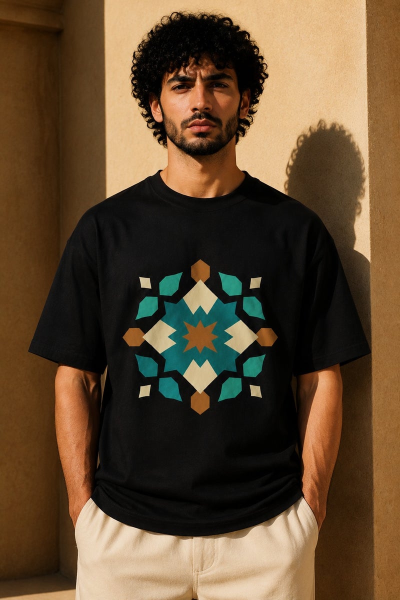 Men's Black Geometric Graphic T-Shirt Oversized Casual Short Sleeve Crew Neck Streetwear Tee - Image 2