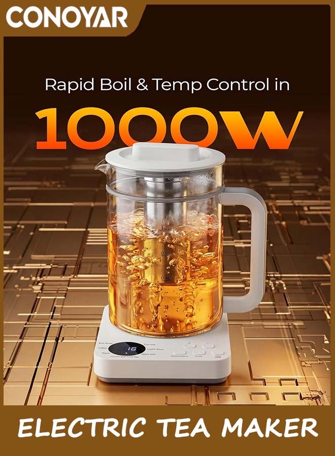 كونور صانع الشاي الكهربائي ، غلاية الشاي الزجاجية 1.2L مع مصفاة الشاي 45-100 ℃ التحكم في درجة الحرارة ، صانع تشاي للماء / الشاي / القهوة / مسحوق الحليب / شاي الفواكه وأكثر من ذلك ، شاشة رقمية ، 24 ساعة الحفاظ على الدفء - Image 5