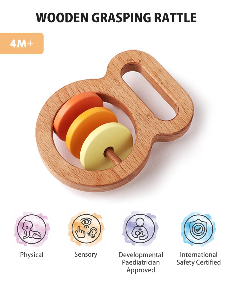 Intellibaby رَجْلَة إنتيلي بيبي الخشبية - خرز ملون، تطوير القبضة الكفوية، التحفيز السمعي والبصري، 4 أشهر فما فوق، 7x3.5x9.5 سم - Image 1
