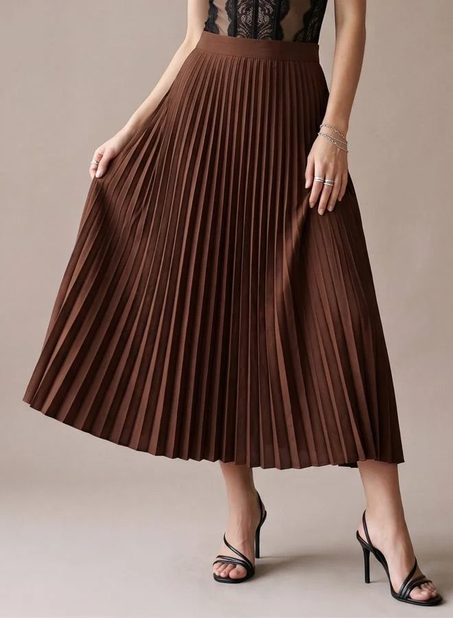 أوجيدر Brown Flowy Pleated Midi Skirt
