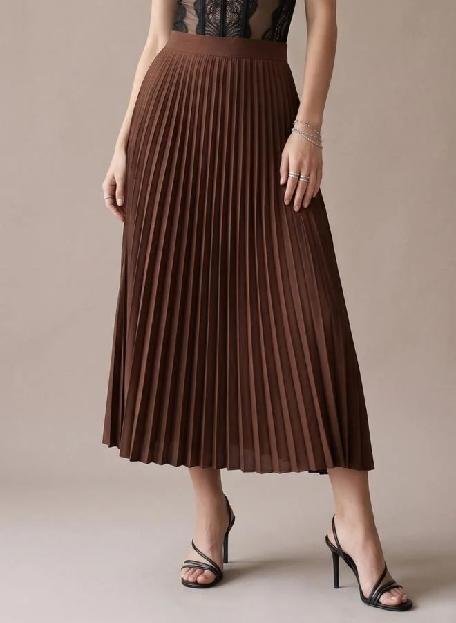 أوجيدر Brown Flowy Pleated Midi Skirt