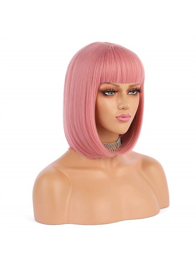 eNilecor Pink Wig, 12" Short Bob Wigs with Bangs Straight Synthetic Colorful Cosplay Daily Party Wig for Women Natural As Real Hair+ Free Wig Cap (Pink) - Image 2