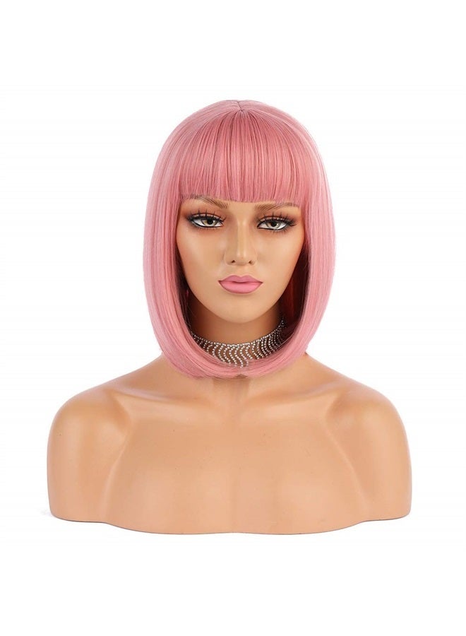 eNilecor Pink Wig, 12" Short Bob Wigs with Bangs Straight Synthetic Colorful Cosplay Daily Party Wig for Women Natural As Real Hair+ Free Wig Cap (Pink) - Image 1
