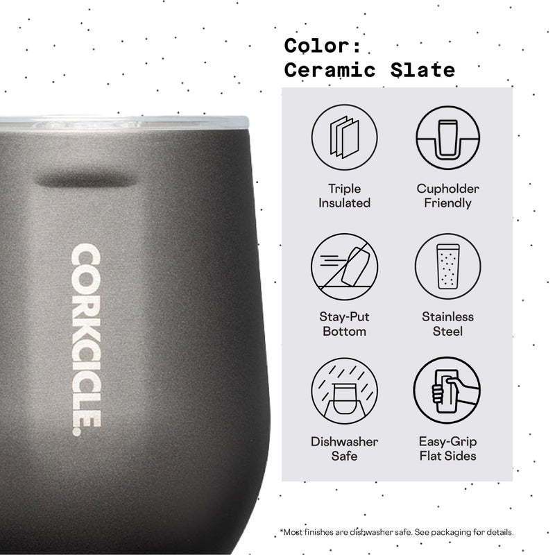 Corkcicle Stemless Insulated Wine Glass Tumbler  Ceramic Slate  12 oz - Stainless Steel Stemless Wine Glass Keeps Beverages Cold for 6 Hours  Hot for 3 Hours - Non-Slip  Easy-Grip Insulated Cup - Image 4