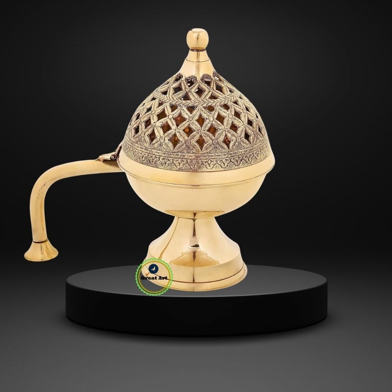 Great Art Pure Brass Dhuna Loban Burner Dhooni Dhoop Dani Incense Burner Table Holder for Loban Elegant and Traditional Purifying Home Antique Gold Sambrano Burner Decor Dhoop with Handle 4 Inches - Image 1