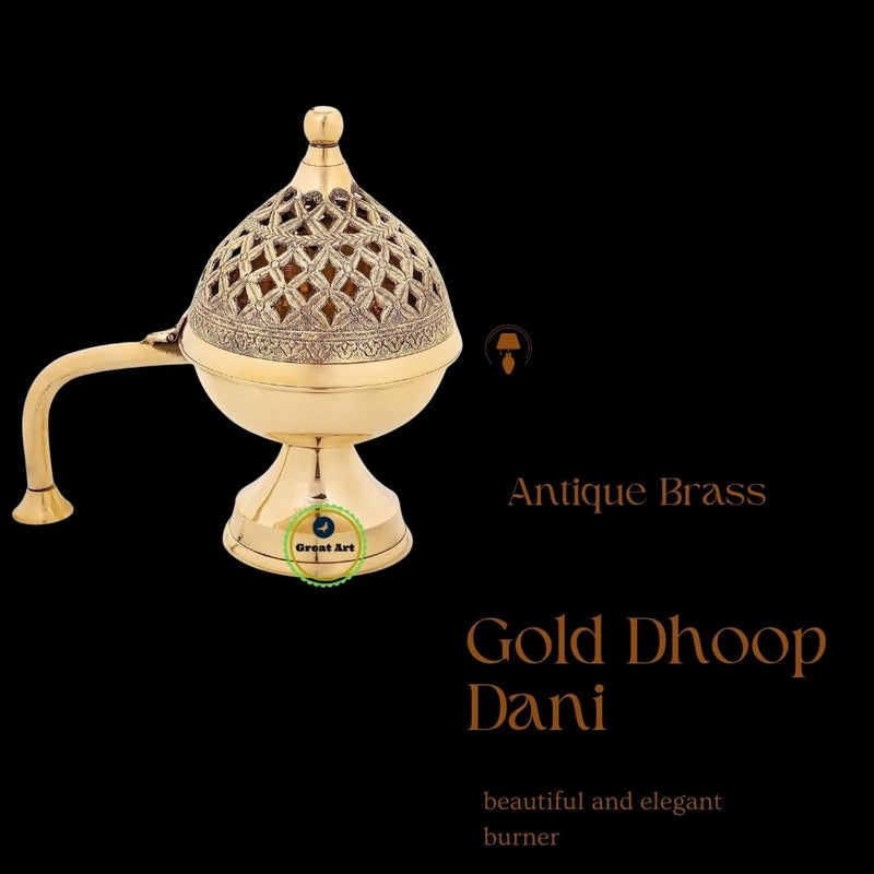 Great Art Pure Brass Dhuna Loban Burner Dhooni Dhoop Dani Incense Burner Table Holder for Loban Elegant and Traditional Purifying Home Antique Gold Sambrano Burner Decor Dhoop with Handle 4 Inches - Image 5
