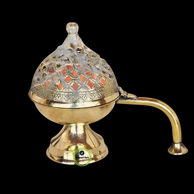 Great Art Pure Brass Dhuna Loban Burner Dhooni Dhoop Dani Incense Burner Table Holder for Loban Elegant and Traditional Purifying Home Antique Gold Sambrano Burner Decor Dhoop with Handle 4 Inches - Image 2