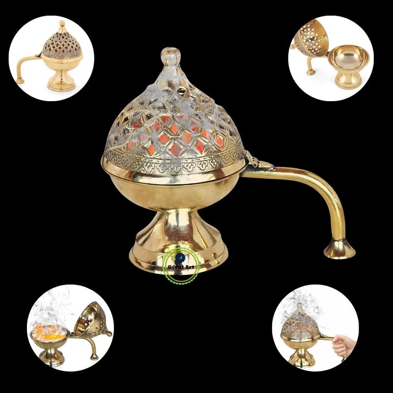 Great Art Pure Brass Dhuna Loban Burner Dhooni Dhoop Dani Incense Burner Table Holder for Loban Elegant and Traditional Purifying Home Antique Gold Sambrano Burner Decor Dhoop with Handle 4 Inches - Image 4