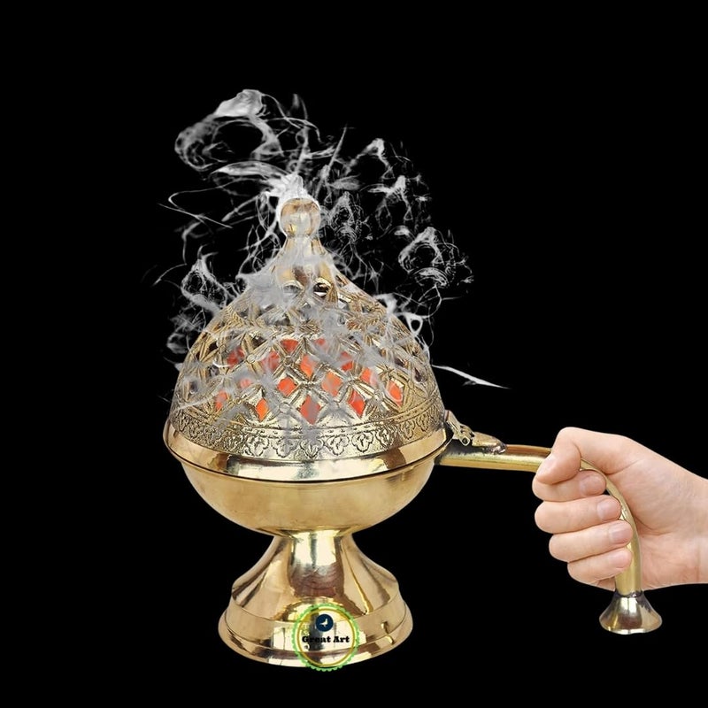 Great Art Pure Brass Dhuna Loban Burner Dhooni Dhoop Dani Incense Burner Table Holder for Loban Elegant and Traditional Purifying Home Antique Gold Sambrano Burner Decor Dhoop with Handle 4 Inches - Image 3