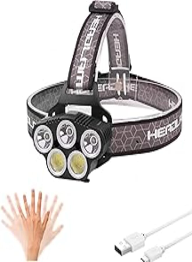 LED Headlight,5 LED Headlamp with Red COB Light 3000 High Lumens Rechargeable Headlights with Motion Sensor 6 Modes Waterproof Adjustable Head Torch for Hunting Hiking Camping Fishing