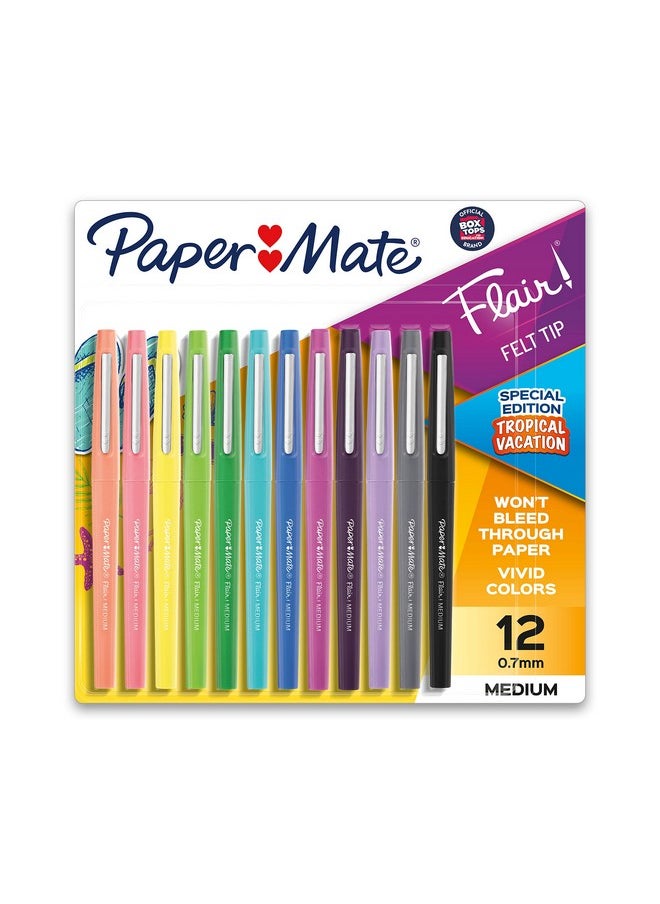 Paper Mate Flair Felt Tip Pens, Medium Point (0.7Mm), Tropical & Classic Colors, 12 Count  - Image 1