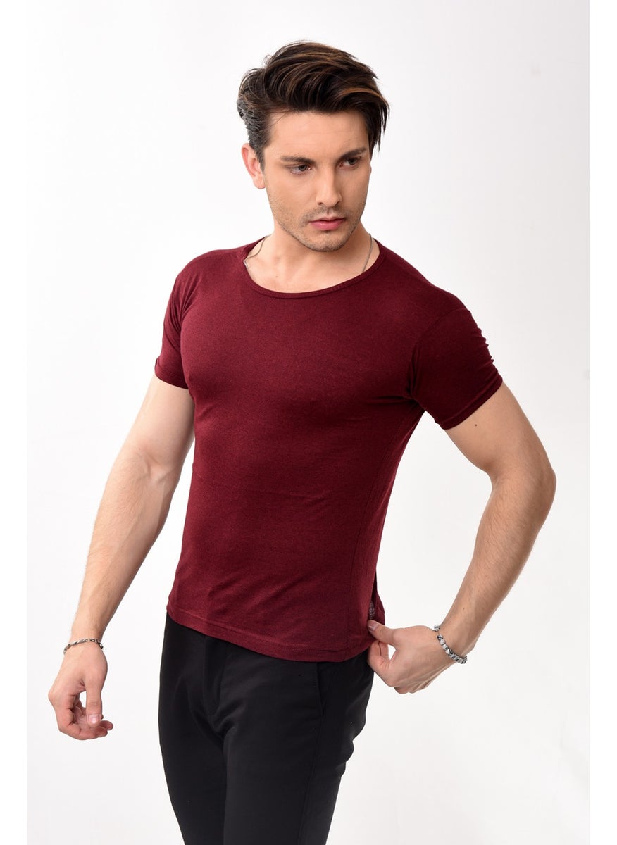 Belifanti Collection تي شيرت أساسي بقلنسوة مريح للرجال بأكمام قصيرة اللون كرز أحمر  - Image 2