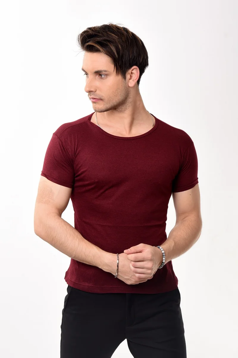 Belifanti Collection Men's Slim Fit Basic Crew Neck Short Sleeve T-Shirt T-Shirt Claret Red