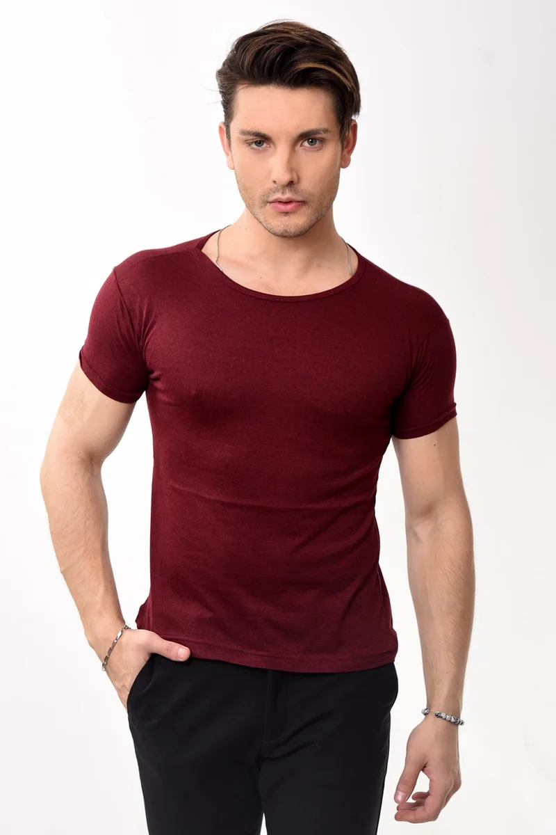 Belifanti Collection Men's Slim Fit Basic Crew Neck Short Sleeve T-Shirt T-Shirt Claret Red