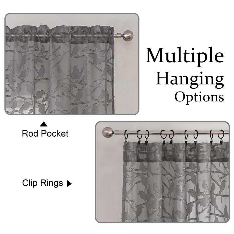 OVZME Anji 2 Panels Charcoal Grey Voile Birds Sheer Curtains 72 inch Length for Bedroom  Dual Rod Pocket Lightweight & Breathable Fabric Sheer Grey Curtain Window Treatment  Clip Jacquard  38W x 72L - Image 2