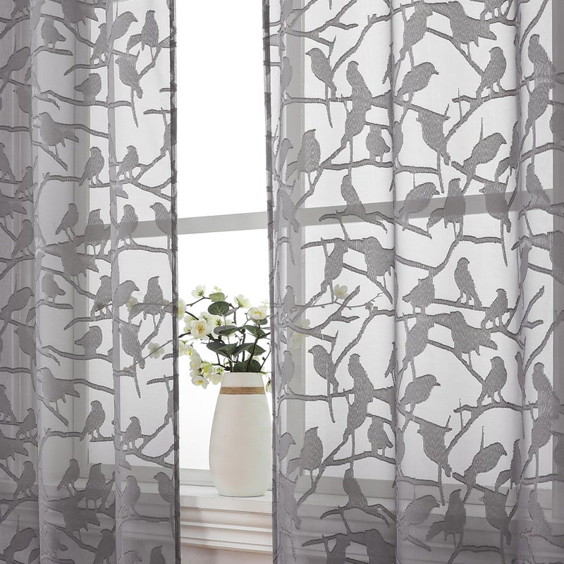 OVZME Anji 2 Panels Charcoal Grey Voile Birds Sheer Curtains 72 inch Length for Bedroom  Dual Rod Pocket Lightweight & Breathable Fabric Sheer Grey Curtain Window Treatment  Clip Jacquard  38W x 72L - Image 3