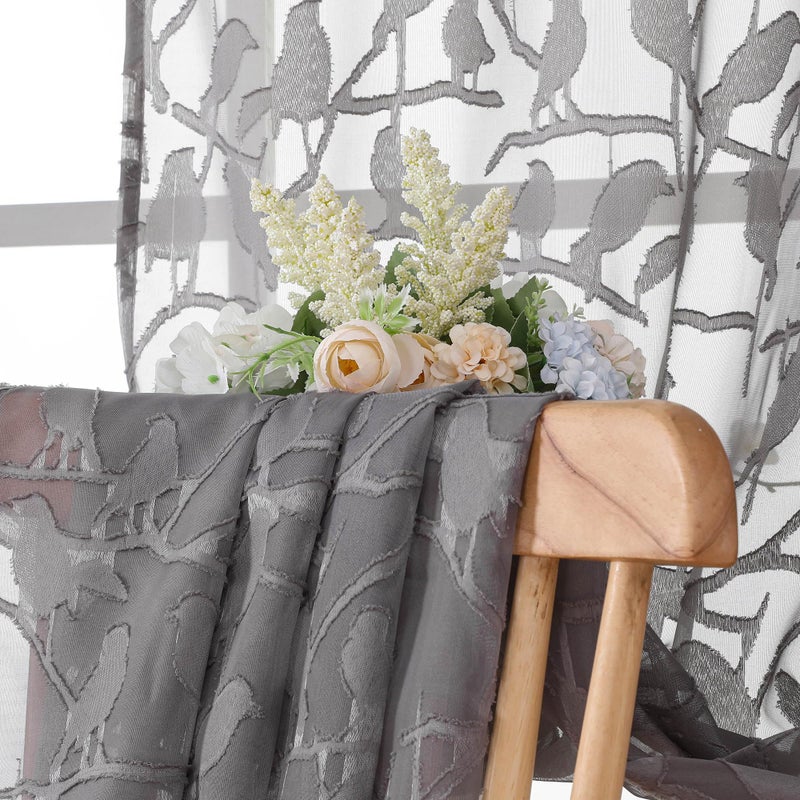 OVZME Anji 2 Panels Charcoal Grey Voile Birds Sheer Curtains 72 inch Length for Bedroom  Dual Rod Pocket Lightweight & Breathable Fabric Sheer Grey Curtain Window Treatment  Clip Jacquard  38W x 72L - Image 4