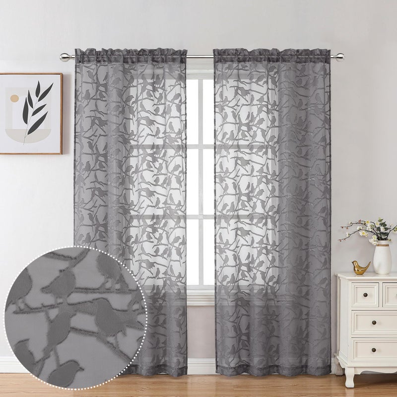 OVZME Anji 2 Panels Charcoal Grey Voile Birds Sheer Curtains 72 inch Length for Bedroom  Dual Rod Pocket Lightweight & Breathable Fabric Sheer Grey Curtain Window Treatment  Clip Jacquard  38W x 72L - Image 1