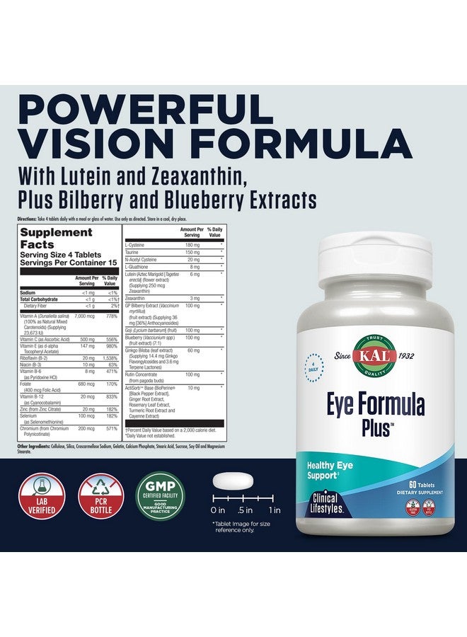 KAL Eye Formula Plus, Eye Care and Vision Supplements for Adults, with Eye Vitamins Lutein and Zeaxanthin, Plus Bilberry Extract, Goji and Blueberry Extract, 60-Day Guarantee, 15 Servings, 60 Tablets - Image 2