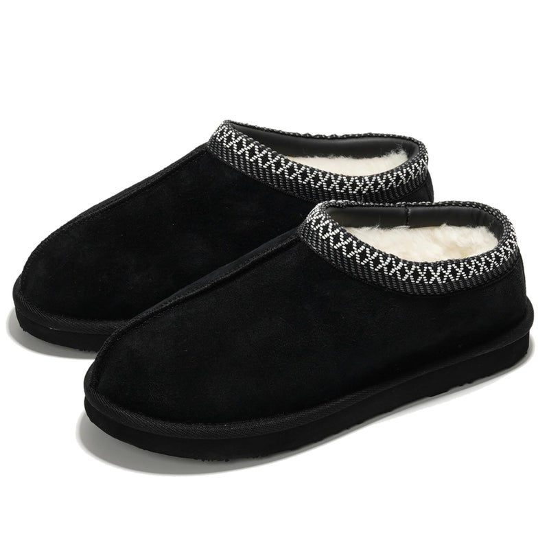 Project Cloud Mens Slippers 100% Genuine Leather with Australian Shearling Lining & Memory Foam Insole Outdoor & House Slippers for Men - Non-Slip Fuzzy Mens Shoes(Relaxation, BLK, 10.5)