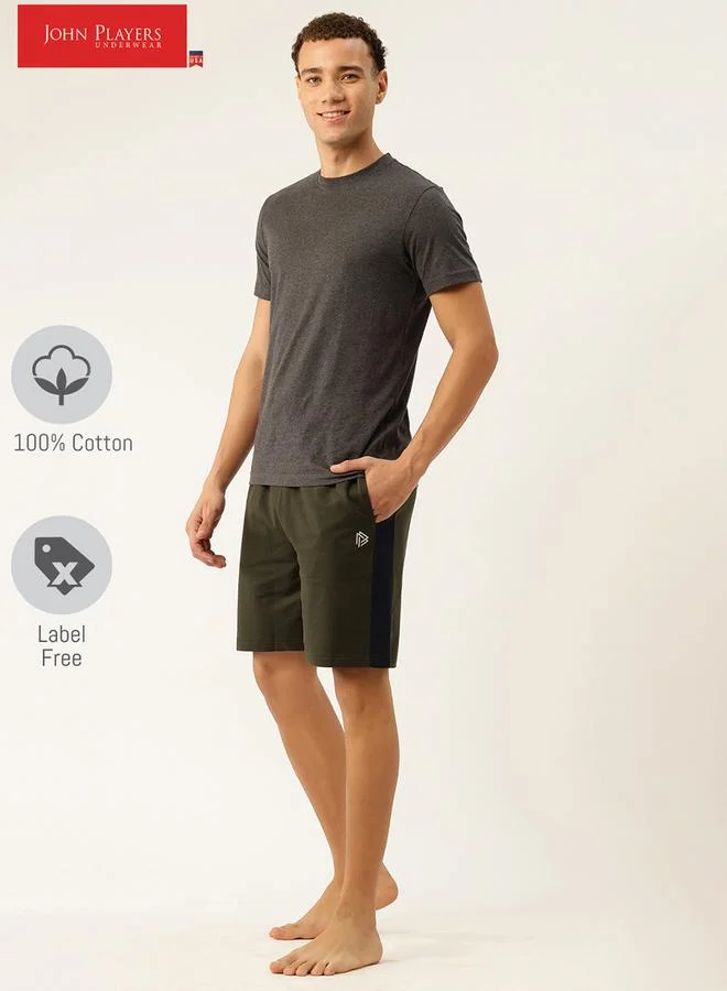John Players Men Green Cotton Shorts with Drawstring