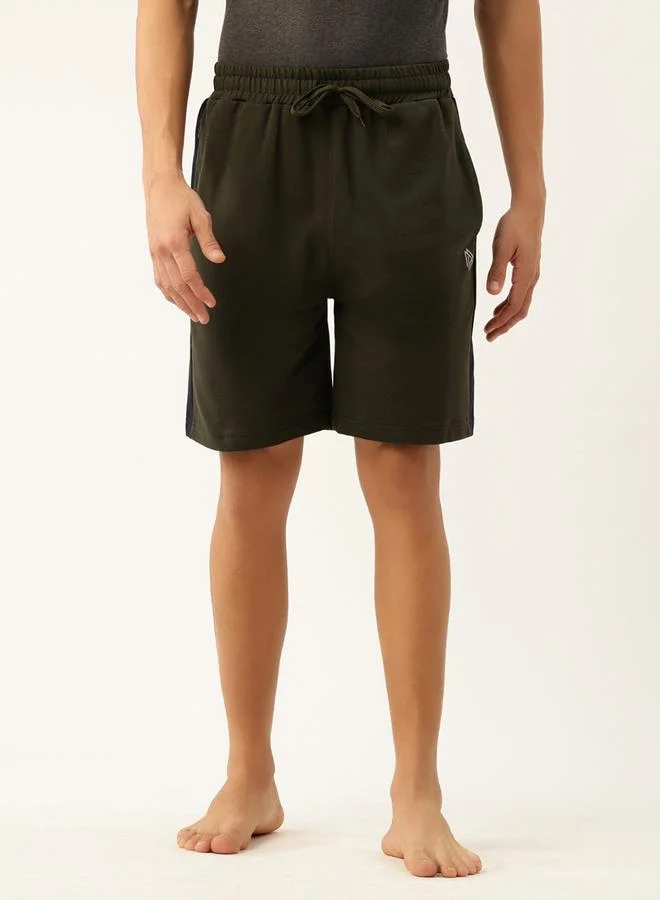 Men Green Cotton Shorts with Drawstring