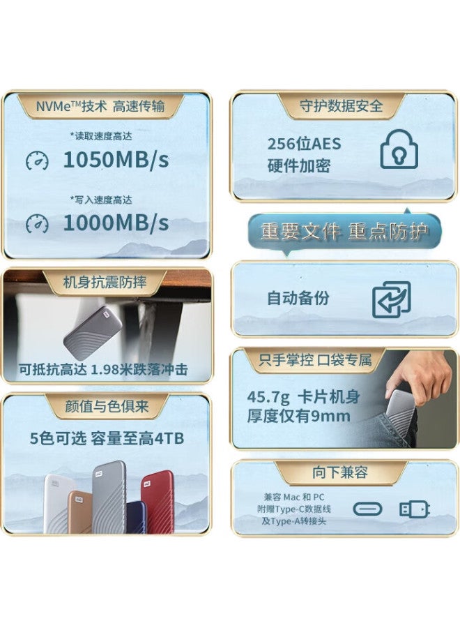 Western Digital Western Digital (Wd) 1Tb Nvme Portable Solid State Drive (Pssd) My Passport Ssd With Type-C Interface, 1050Mb/S, Direct Phone Connection, Compatible With Laptops And Phones - Image 1