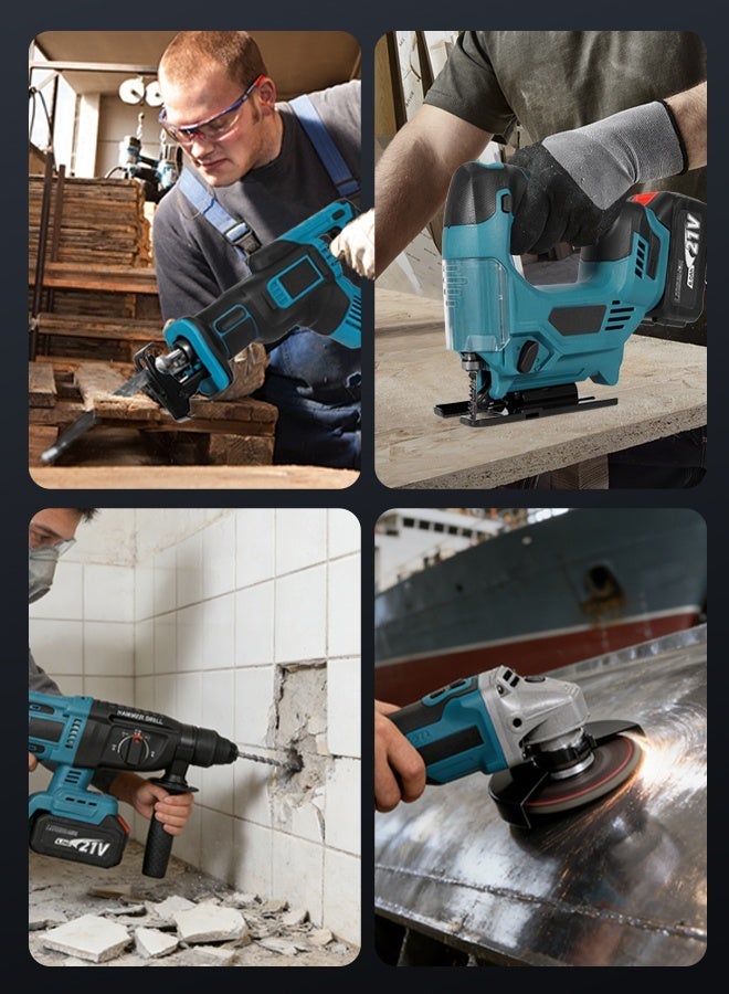 ALongDeng 21V Brushless 8-Piece Professional Power Tool Set with 4 Batteries & 1 Charger - Including Drill, Wrench, Angle Grinder, Rotary Hammer, Trimmer, Jigsaw, Reciprocating Saw, and Cutter - All-in-One Toolbox for Home Improvement and Maintenance - Image 4