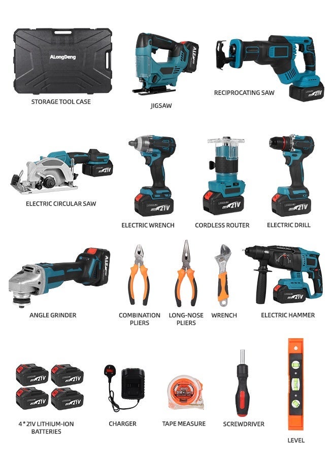 ALongDeng 21V Brushless 8-Piece Professional Power Tool Set with 4 Batteries & 1 Charger - Including Drill, Wrench, Angle Grinder, Rotary Hammer, Trimmer, Jigsaw, Reciprocating Saw, and Cutter - All-in-One Toolbox for Home Improvement and Maintenance - Image 2