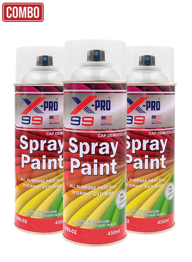Xpro X-PRO Combo - 3pcs X-PRO 99 Clear Gloss Spray Paint 450ml Multi-Surface Lacquer for Metal, Wood, Plastic & Furniture Fast Dry Interior and Exterior Use - X99-02 - Image 1