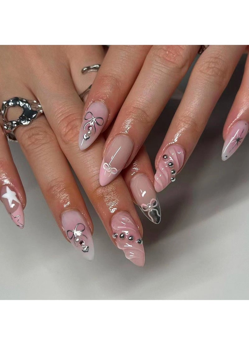 JOSQUEWNN - Press On Nail,Cold-Tone 3d Water Drop Shell Nail Art, Almond-Shaped Artificial Nails,24pcs.Fake Acrylic Nails With Glue Kit. - Image 1
