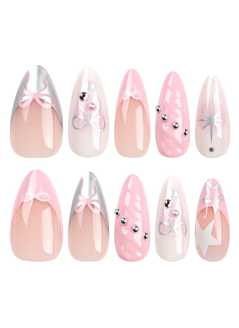 JOSQUEWNN - Press On Nail,Cold-Tone 3d Water Drop Shell Nail Art, Almond-Shaped Artificial Nails,24pcs.Fake Acrylic Nails With Glue Kit. - Image 1
