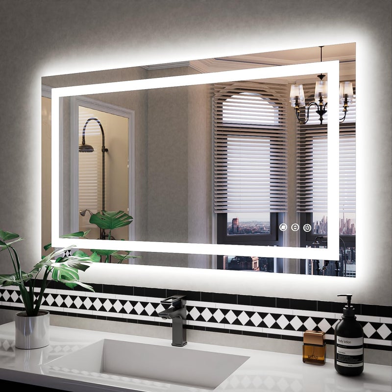 ISKM 40x24 Led Bathroom Mirror Front and Backlit Vanity Mirror Wall Mounted AntiFog Dimmable Memory Function Mirror with Smart Touch Button Waterproof and ShatterProof Makeup Mirror
