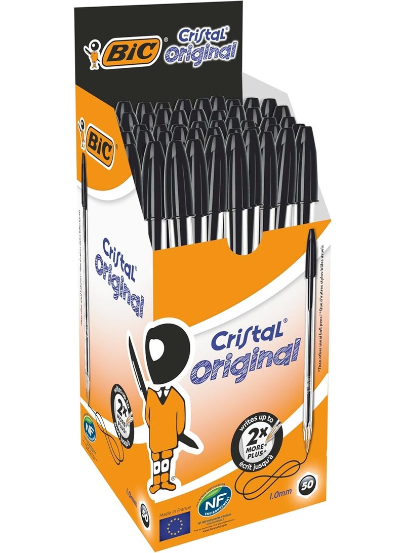 Bic قلم حبر جاف بيك كريستال الأصلي، حتى 2 كم من الكتابة - عبوة من 50 قلم - نقطة متوسطة (1.0 مم) - حبر أسود - Image 1