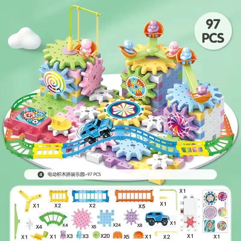 Educational Gear Variety Electric Building Blocks Rotating Assembly Transforming Track Car Fire Truck Building Blocks Diy Children'S Day Toy - Image 1