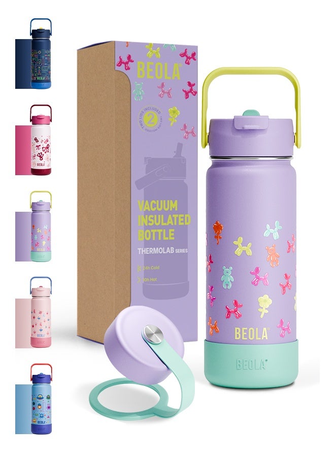 BEOLA 550ml Kids Water Bottle 18/8 Stainless Steel Double Wall Insulated thermo Bottle with Straw Lid and Wide Mouth, Hot Cold Liquids Sports School Bottle (19oz, Balloon Party) - Image 1