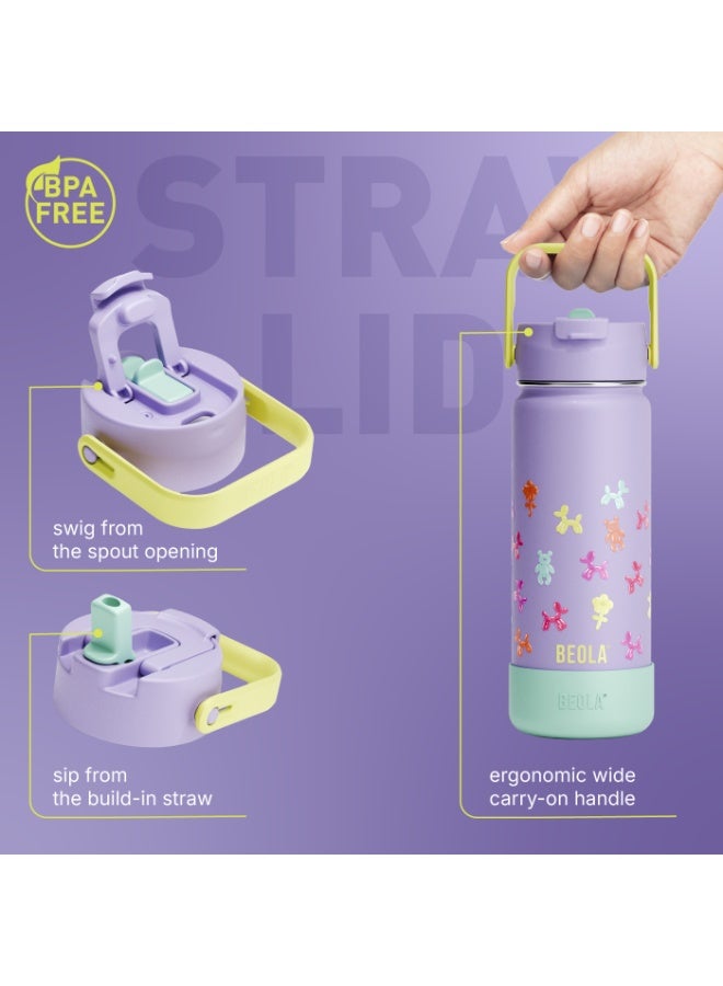 BEOLA 550ml Kids Water Bottle 18/8 Stainless Steel Double Wall Insulated thermo Bottle with Straw Lid and Wide Mouth, Hot Cold Liquids Sports School Bottle (19oz, Balloon Party) - Image 2