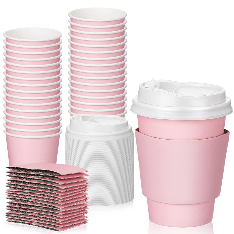 Patelai 48 Pcs 12 oz Disposable Coffee Cups with Lids and Sleeves Bulk Insulated Hot Chocolate Paper Cup for Hot and Cold Beverage Water Juice Cocoa Tea Party Restaurants Travel Supplies Pink