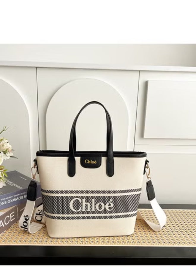 Chloe Chloé Canvas - Leather Tote：Logo Stripe, Monochrome Sophistication  29cm*21cm*11cm