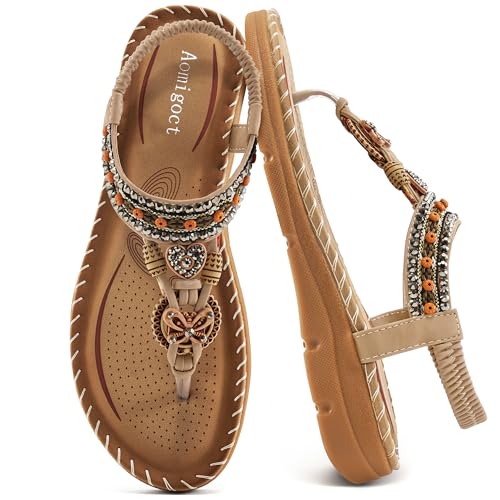Aomigoct Sandals Women Flat Shoes: Dressy Summer Bohemian Flats Shoes for Women Sandals Comfortable Ankle Strap Outdoor Walking - Image 1