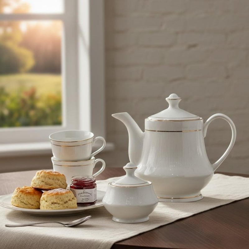 Femora Elegant White Bone China Teapot with Gold Trim | 1700 Ml | - Ideal for Tea Parties, Gifting, and Home Decor - Image 2