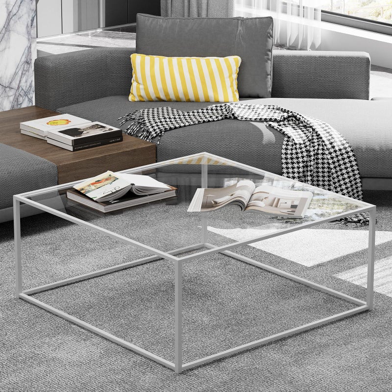 Easy Paws â€‹â€‹â€‹â€‹â€‹â€‹â€‹â€‹â€‹â€‹â€‹â€‹Glass Coffee Table Square Coffee Table for Small Space,Modern Minimalist Center Table for Living Room Home Office,Tempered Glass-top with Sturdy Metal Frame,Easy Assembly,27 x 27In, White - Image 2