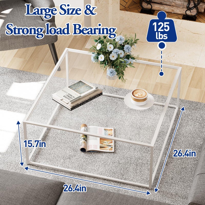 Easy Paws â€‹â€‹â€‹â€‹â€‹â€‹â€‹â€‹â€‹â€‹â€‹â€‹Glass Coffee Table Square Coffee Table for Small Space,Modern Minimalist Center Table for Living Room Home Office,Tempered Glass-top with Sturdy Metal Frame,Easy Assembly,27 x 27In, White - Image 3