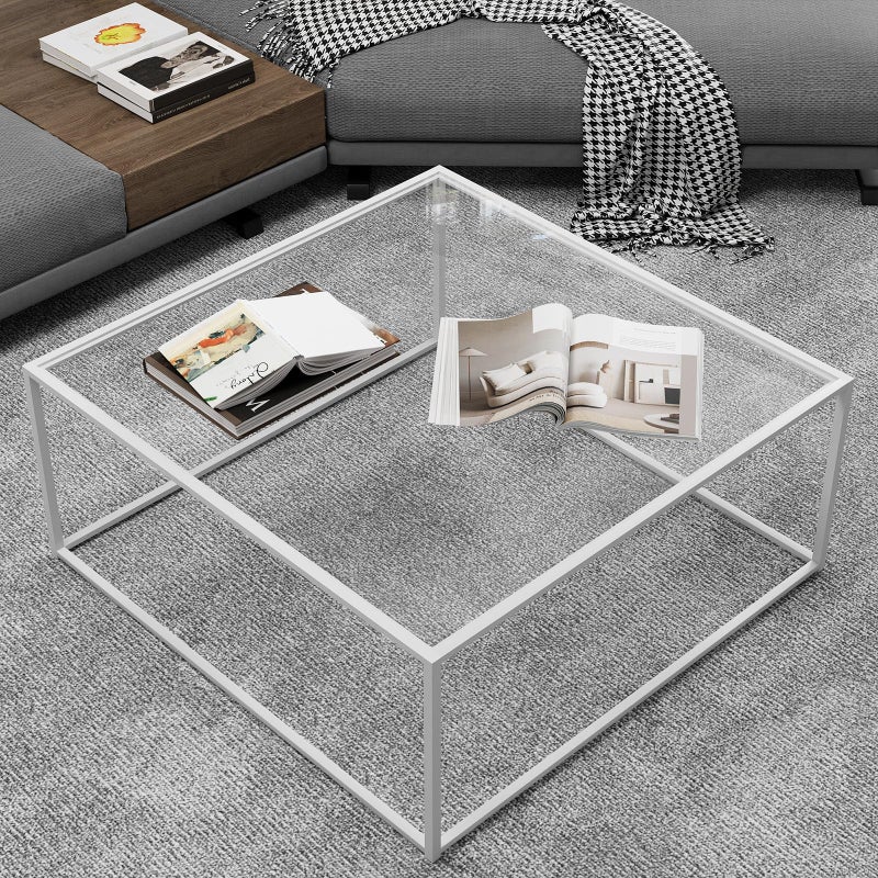 Easy Paws â€‹â€‹â€‹â€‹â€‹â€‹â€‹â€‹â€‹â€‹â€‹â€‹Glass Coffee Table Square Coffee Table for Small Space,Modern Minimalist Center Table for Living Room Home Office,Tempered Glass-top with Sturdy Metal Frame,Easy Assembly,27 x 27In, White - Image 1