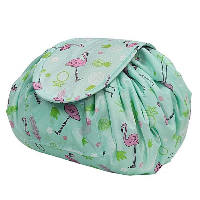 ERHETUS Women's Waterproof & Portable Lazy Cosmetic Bag with Drawstrings | Elegant Flamingo Designed Toiletry Kits Makeup Pouches for Girls | Travel Organizer Bags with Large Storage Capacity (Green) - Image 1