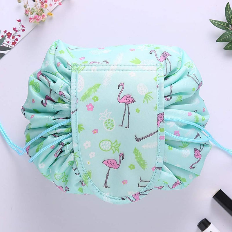 ERHETUS Women's Waterproof & Portable Lazy Cosmetic Bag with Drawstrings | Elegant Flamingo Designed Toiletry Kits Makeup Pouches for Girls | Travel Organizer Bags with Large Storage Capacity (Green) - Image 3